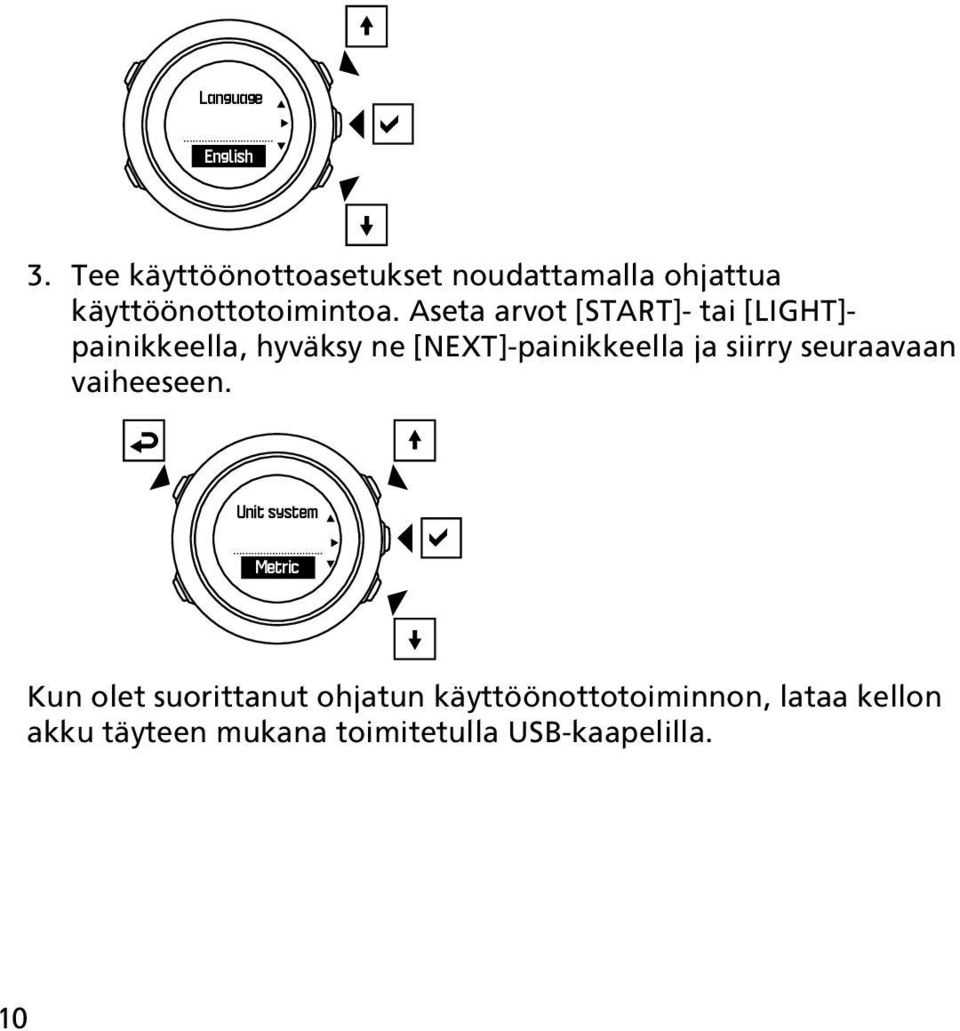 Aseta arvot [START]- tai [LIGHT]- painikkeella, hyväksy ne [NEXT]-painikkeella ja