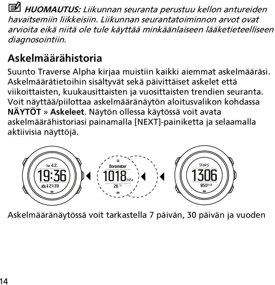 Askelmäärähistoria Suunto Traverse Alpha kirjaa muistiin kaikki aiemmat askelmääräsi.