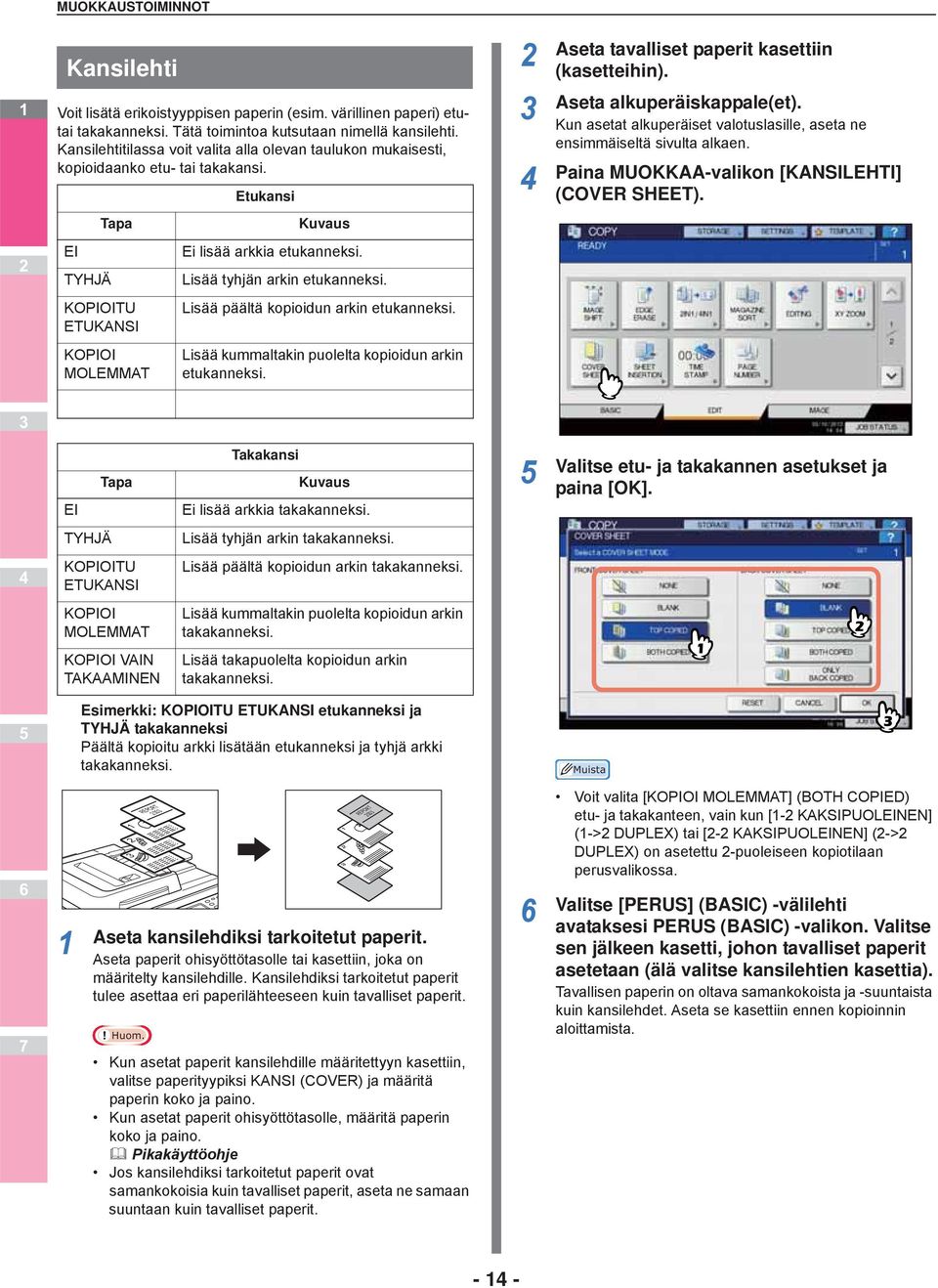 Kun asetat alkuperäiset valotuslasille, aseta ne ensimmäiseltä sivulta alkaen. Paina MUOKKAA-valikon [KANSILEHTI] (COVER SHEET). Tapa Kuvaus TYHJÄ Ei lisää arkkia etukanneksi.