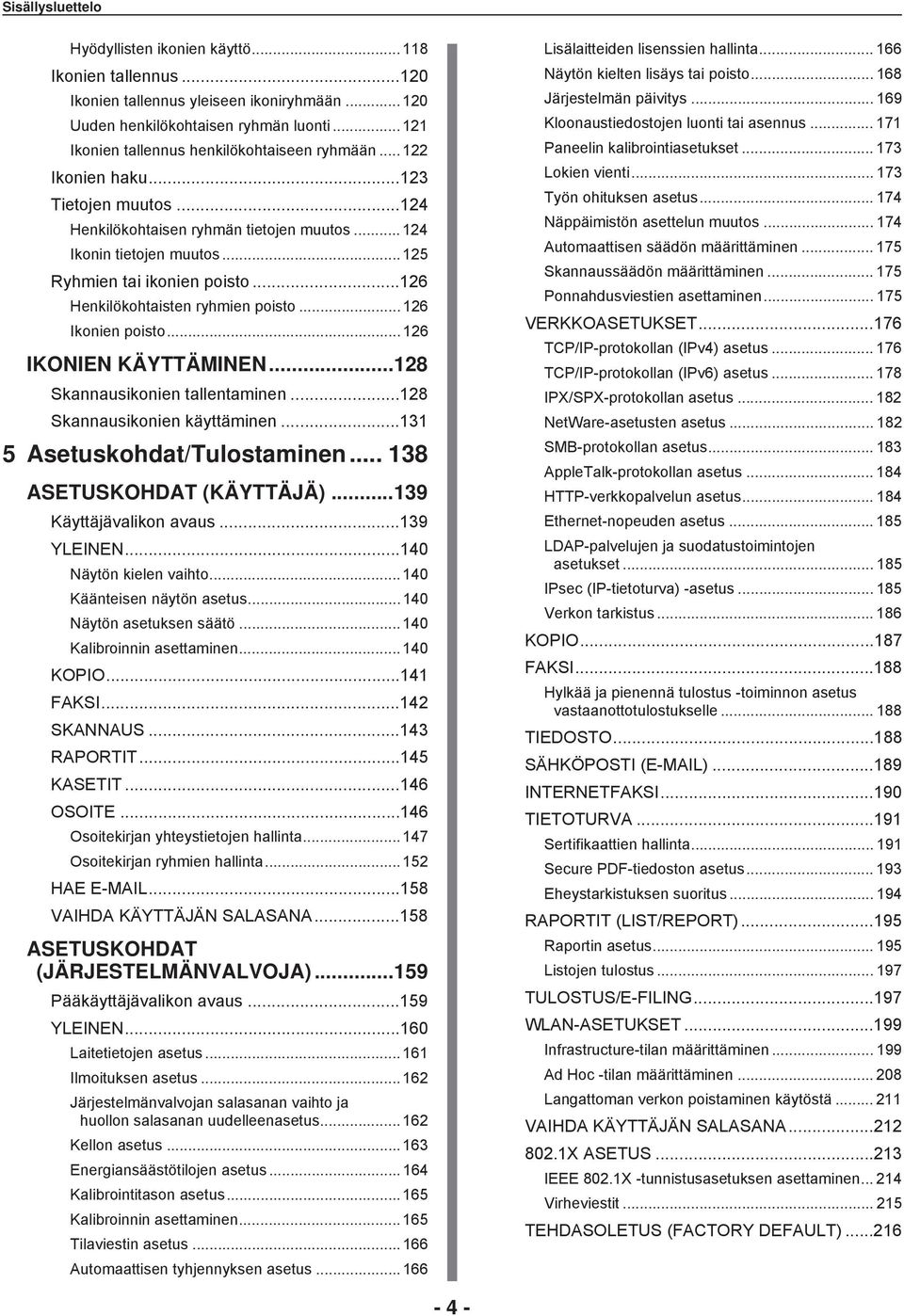 .. IKONIEN KÄYTTÄMINEN...8 Skannausikonien tallentaminen...8 Skannausikonien käyttäminen... Asetuskohdat/Tulostaminen... 8 ASETUSKOHDAT (KÄYTTÄJÄ)...9 Käyttäjävalikon avaus...9 YLNEN.