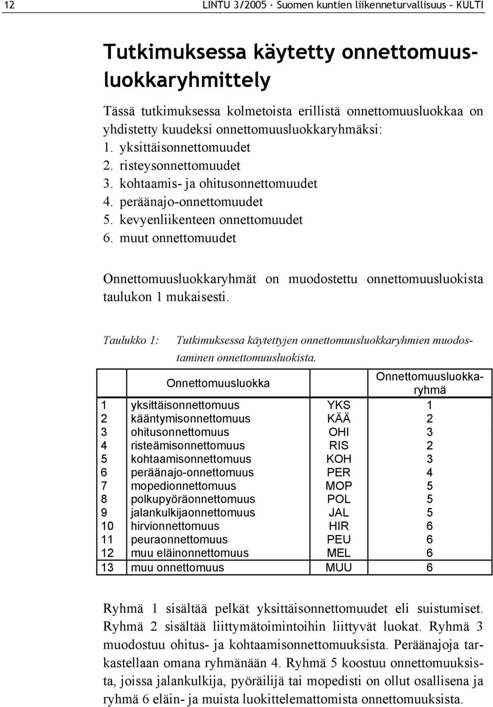 muut onnettomuudet Onnettomuusluokkaryhmät on muodostettu onnettomuusluokista taulukon 1 mukaisesti. Taulukko 1: Tutkimuksessa käytettyjen onnettomuusluokkaryhmien muodostaminen onnettomuusluokista.