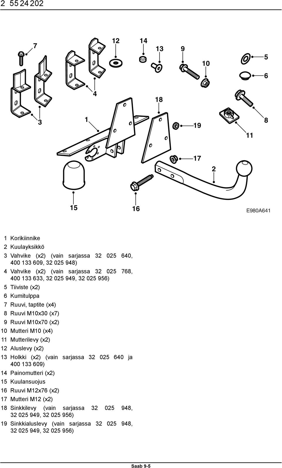 (x2) 10 Mutteri M10 (x4) 11 Mutterilevy (x2) 12 Aluslevy (x2) 13 Holkki (x2) (vain sarjassa 32 025 640 ja 400 133 609) 14 Painomutteri (x2) 15 Kuulansuojus 16 Ruuvi