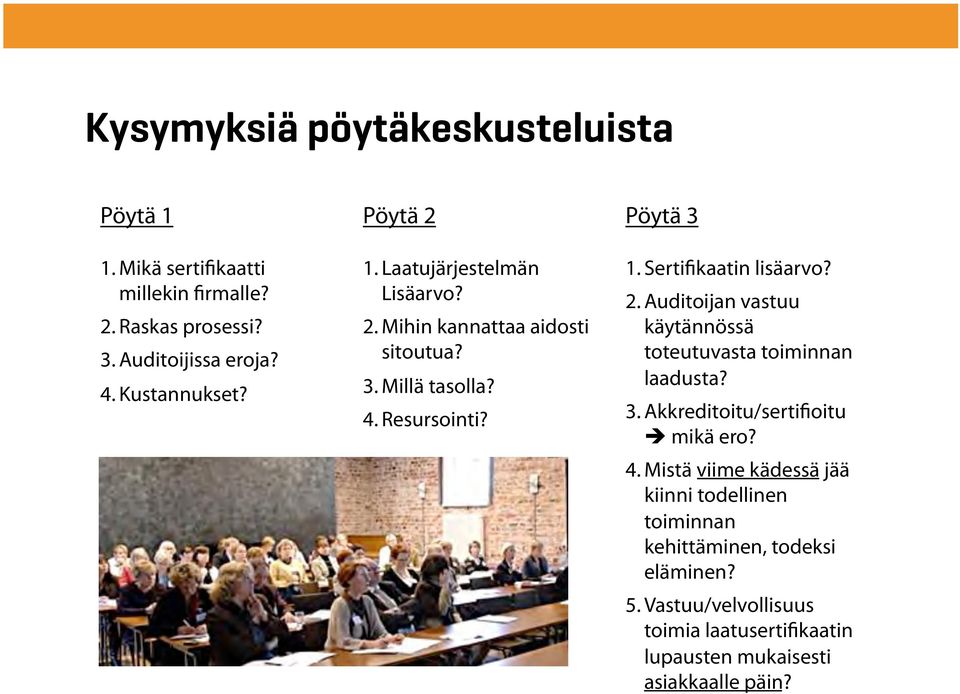 Sertifikaatin lisäarvo? 2. Auditoijan vastuu käytännössä toteutuvasta toiminnan laadusta? 3. Akkreditoitu/sertifioitu mikä ero? 4.