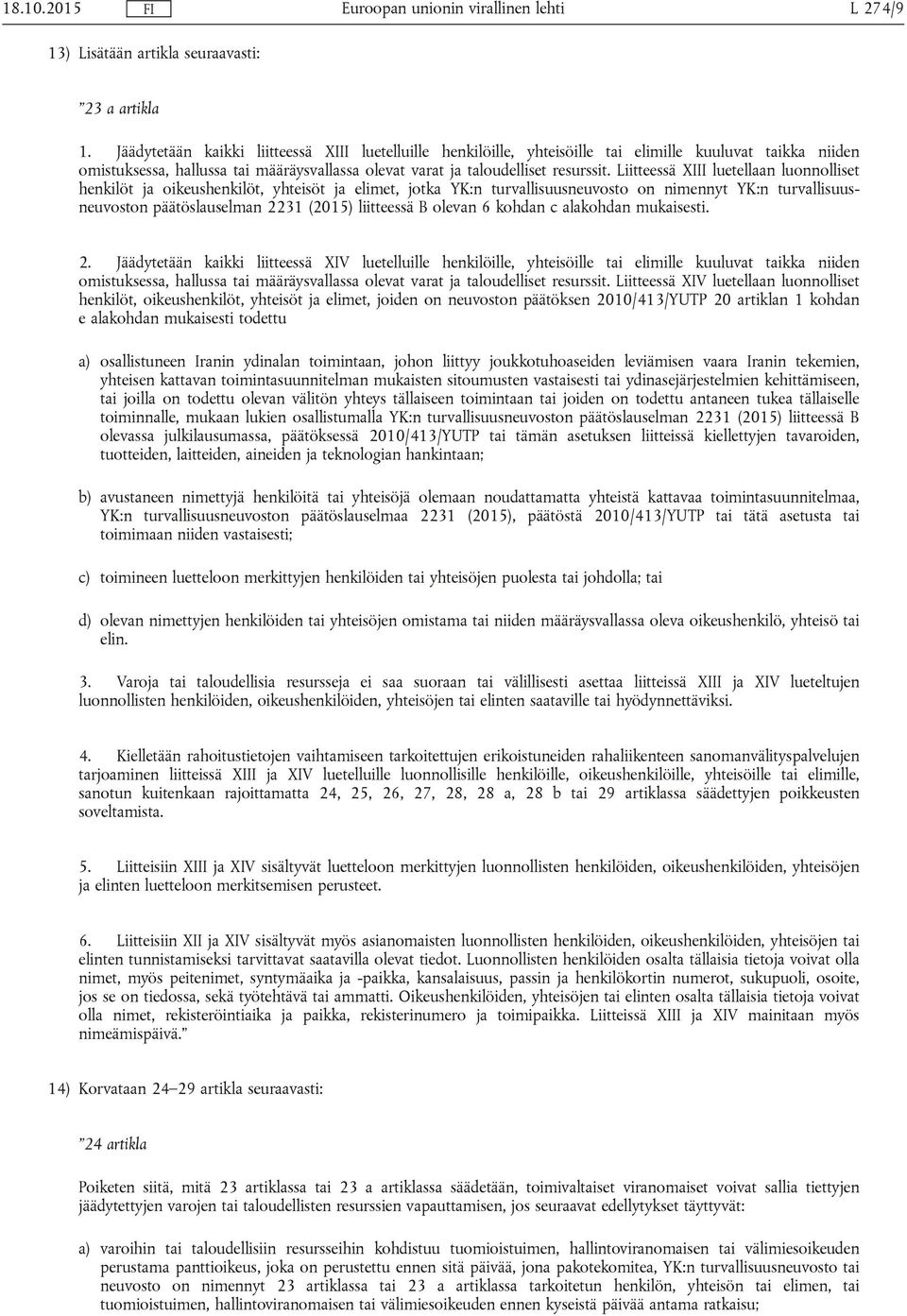 Liitteessä XIII luetellaan luonnolliset henkilöt ja oikeushenkilöt, yhteisöt ja elimet, jotka YK:n turvallisuusneuvosto on nimennyt YK:n turvallisuusneuvoston päätöslauselman 2231 (2015) liitteessä B