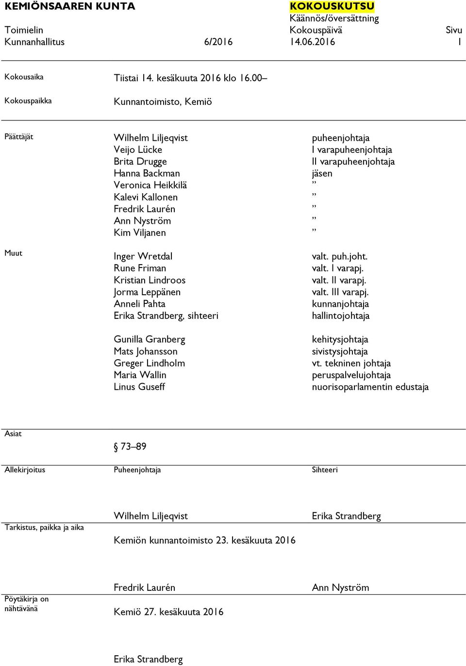Rune Friman Kristian Lindroos Jorma Leppänen Anneli Pahta Erika Strandberg, sihteeri Gunilla Granberg Mats Johansson Greger Lindholm Maria Wallin Linus Guseff puheenjohtaja I varapuheenjohtaja II