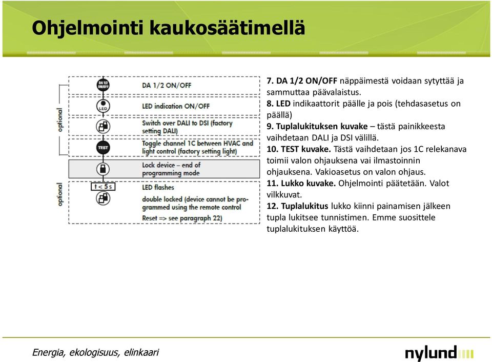 10. TEST kuvake. Tästä vaihdetaan jos 1C relekanava toimii valon ohjauksena vai ilmastoinnin ohjauksena. Vakioasetus on valon ohjaus. 11.