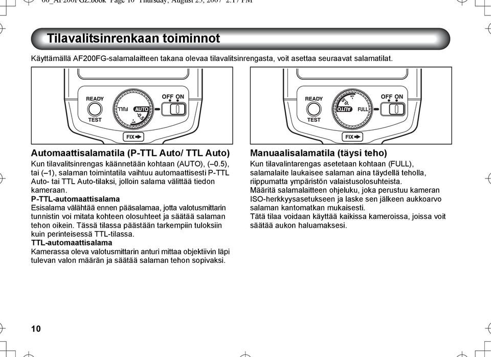 5), tai ( 1), salaman toimintatila vaihtuu automaattisesti P-TTL Auto- tai TTL Auto-tilaksi, jolloin salama välittää tiedon kameraan.