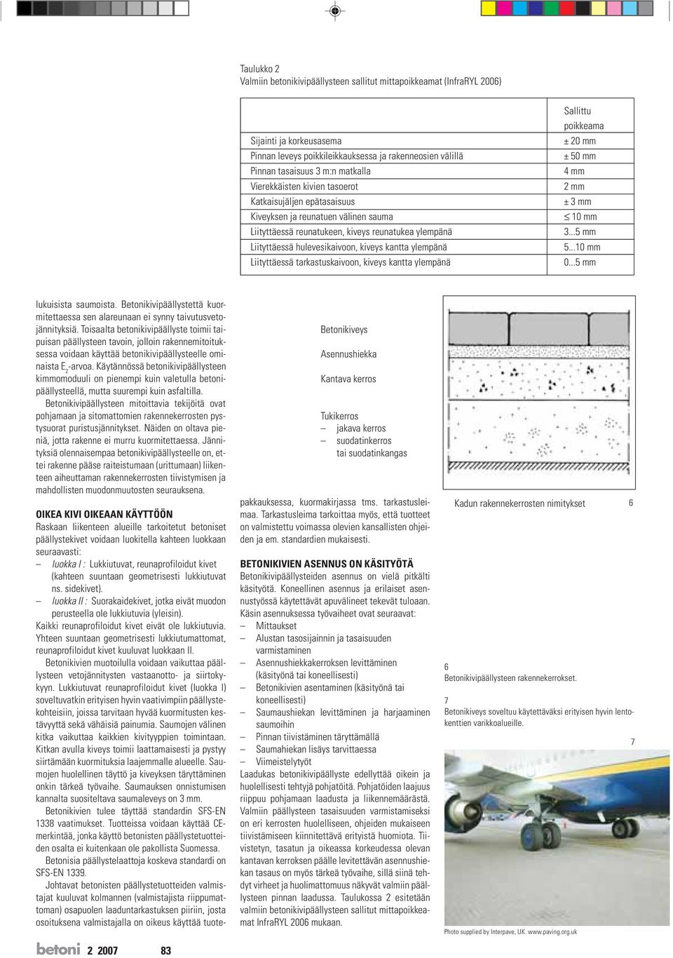 ylempänä Liityttäessä tarkastuskaivoon, kiveys kantta ylempänä Sallittu poikkeama ± 20 mm ± 50 mm 4 mm 2 mm ± 3 mm 10 mm 3...5 mm 5...10 mm 0...5 mm lukuisista saumoista.