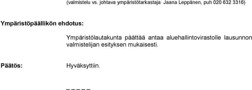 3316) Ympäristöpäällikön ehdotus: Ympäristölautakunta