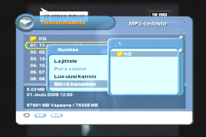 Valitse kansio ja paina [OK]-näppäintä. 7.0 MUUT TOIMINNOT 7.1 Tiedostonsiirto Tiedostonsiirto tietokoneelle tapahtuu USB-väylän välityksellä.