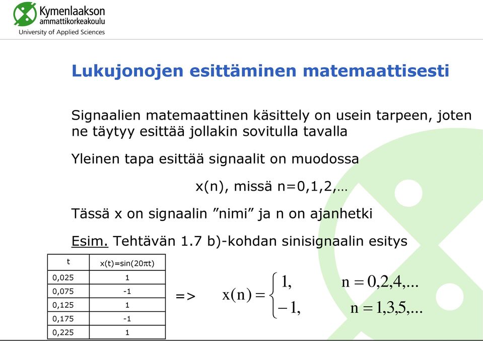 missä =0,1,2, Tässä x o sigaali imi ja o ajahetki Esim. Tehtävä 1.