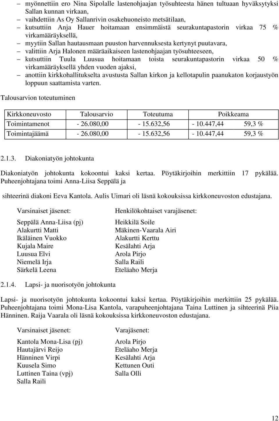 kutsuttiin Tuula Luusua hoitamaan toista seurakuntapastorin virkaa 50 % virkamääräyksellä yhden vuoden ajaksi, anottiin kirkkohallitukselta avustusta Sallan kirkon ja kellotapulin paanukaton