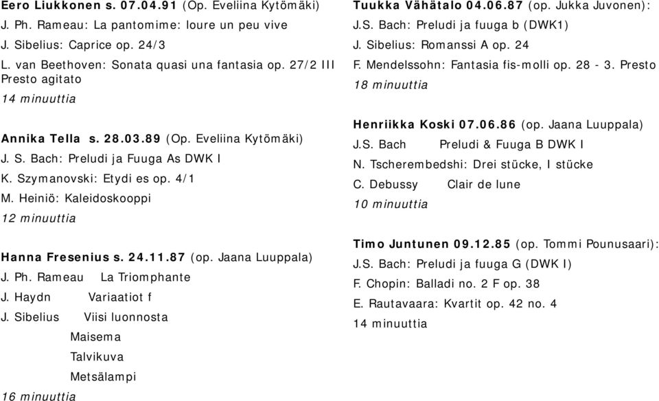 Heiniö: Kaleidoskooppi 12 minuuttia Hanna Fresenius s. 24.11.87 (op. Jaana Luuppala) J. Ph. Rameau La Triomphante J. Haydn Variaatiot f J.