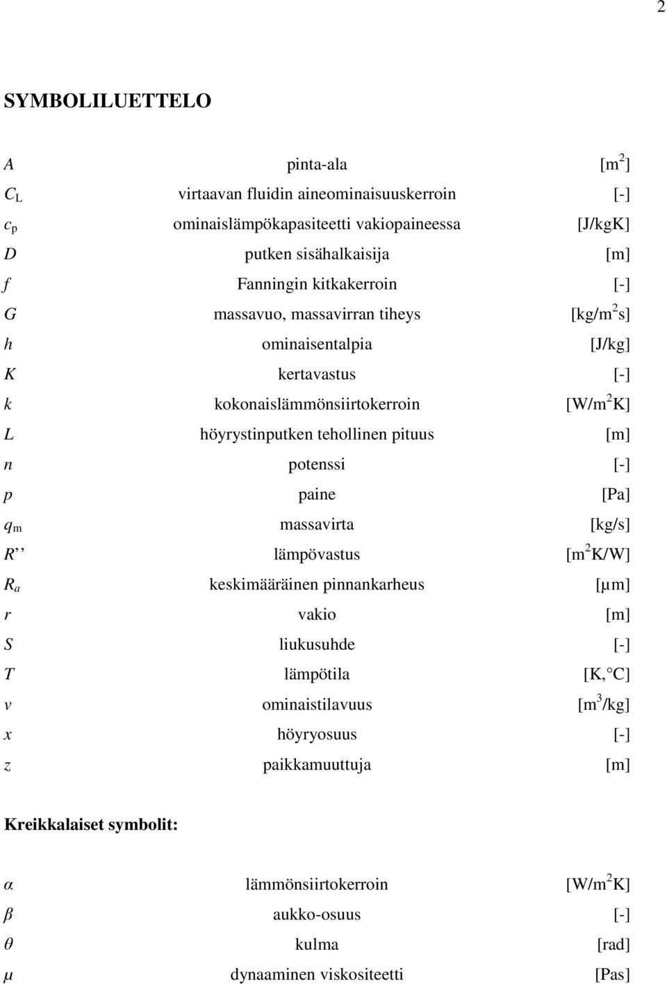 pituus [m] n potenssi [-] p paine [Pa] q m massavirta [kg/s] R lämpövastus [m 2 K/W] R a keskimääräinen pinnankarheus [µm] r vakio [m] S liukusuhde [-] T lämpötila [K, C] v
