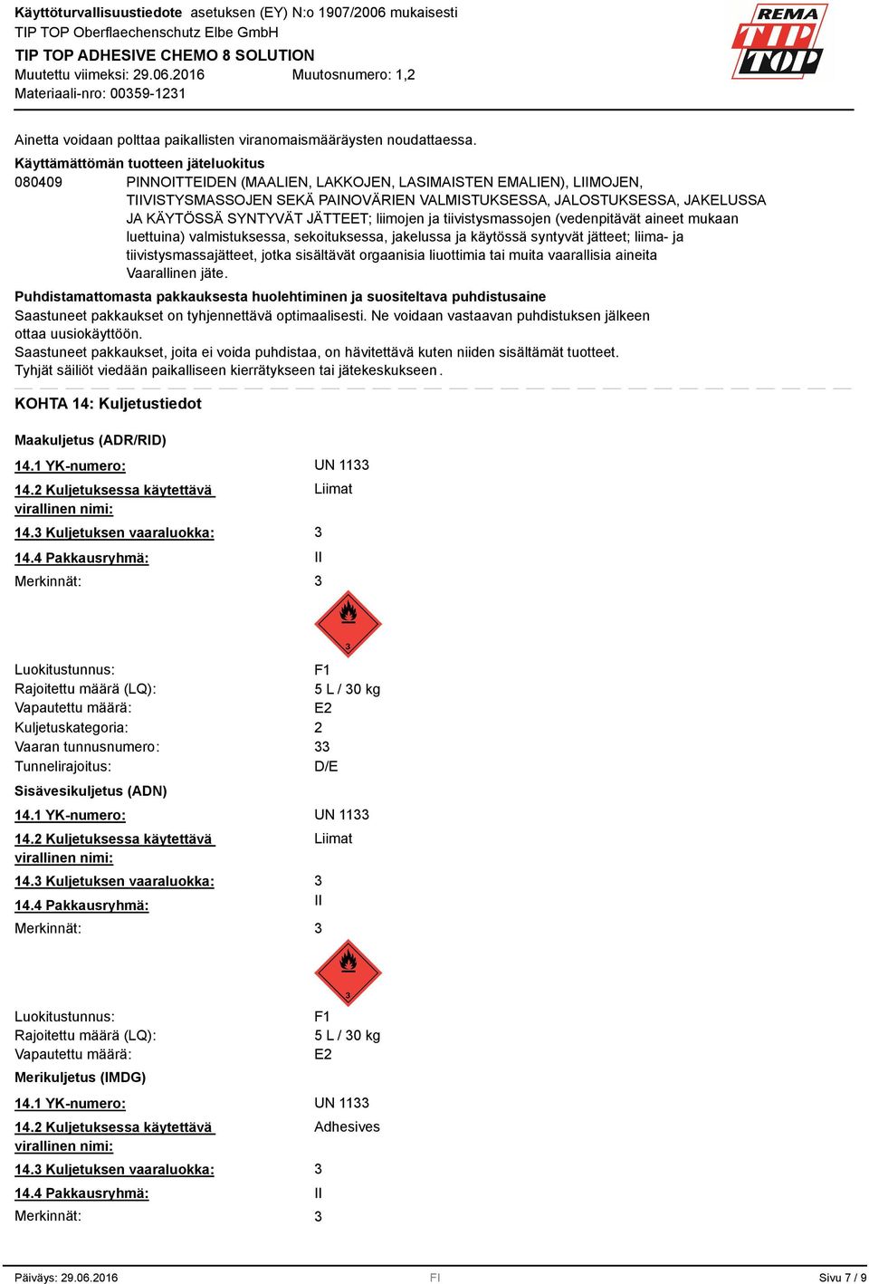 SYNTYVÄT JÄTTEET; liimojen ja tiivistysmassojen (vedenpitävät aineet mukaan luettuina) valmistuksessa, sekoituksessa, jakelussa ja käytössä syntyvät jätteet; liima- ja tiivistysmassajätteet, jotka