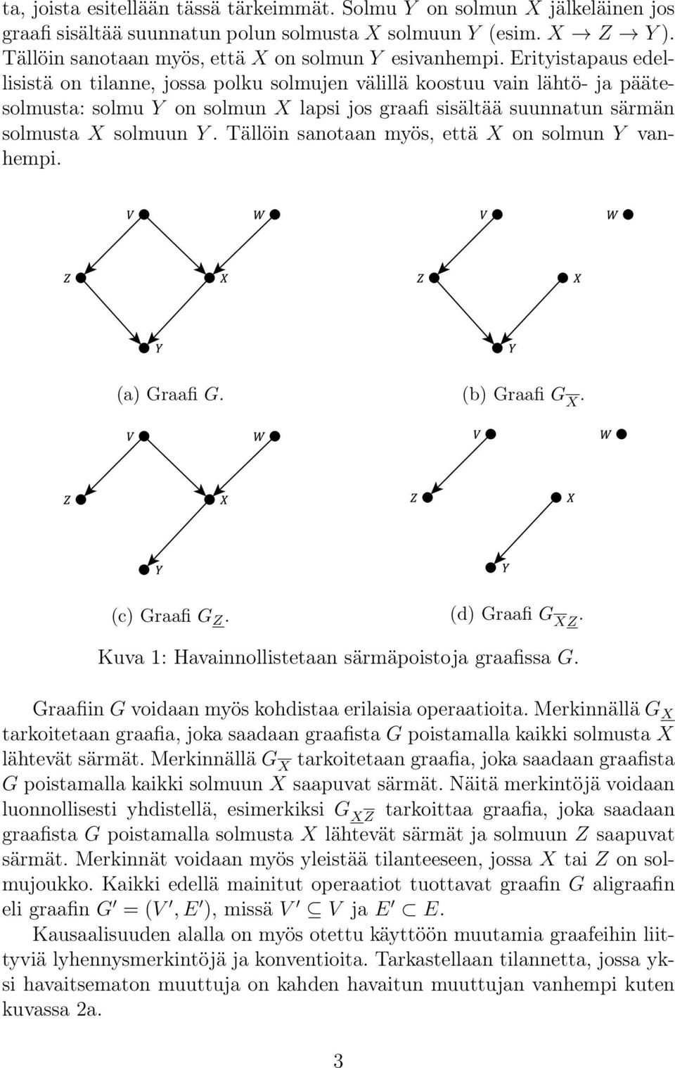 Tällöin sanotaan myös, että X on solmun Y vanhempi. (a) Graafi G. (b) Graafi G X. (c) Graafi G Z. (d) Graafi G XZ. Kuva 1: Havainnollistetaan särmäpoistoja graafissa G.