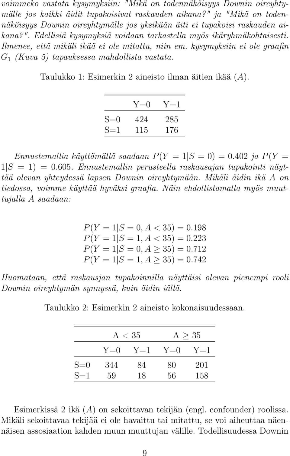 Ilmenee, että mikäli ikää ei ole mitattu, niin em. kysymyksiin ei ole graafin G 1 (Kuva 5) tapauksessa mahdollista vastata. Taulukko 1: Esimerkin 2 aineisto ilman äitien ikää (A).