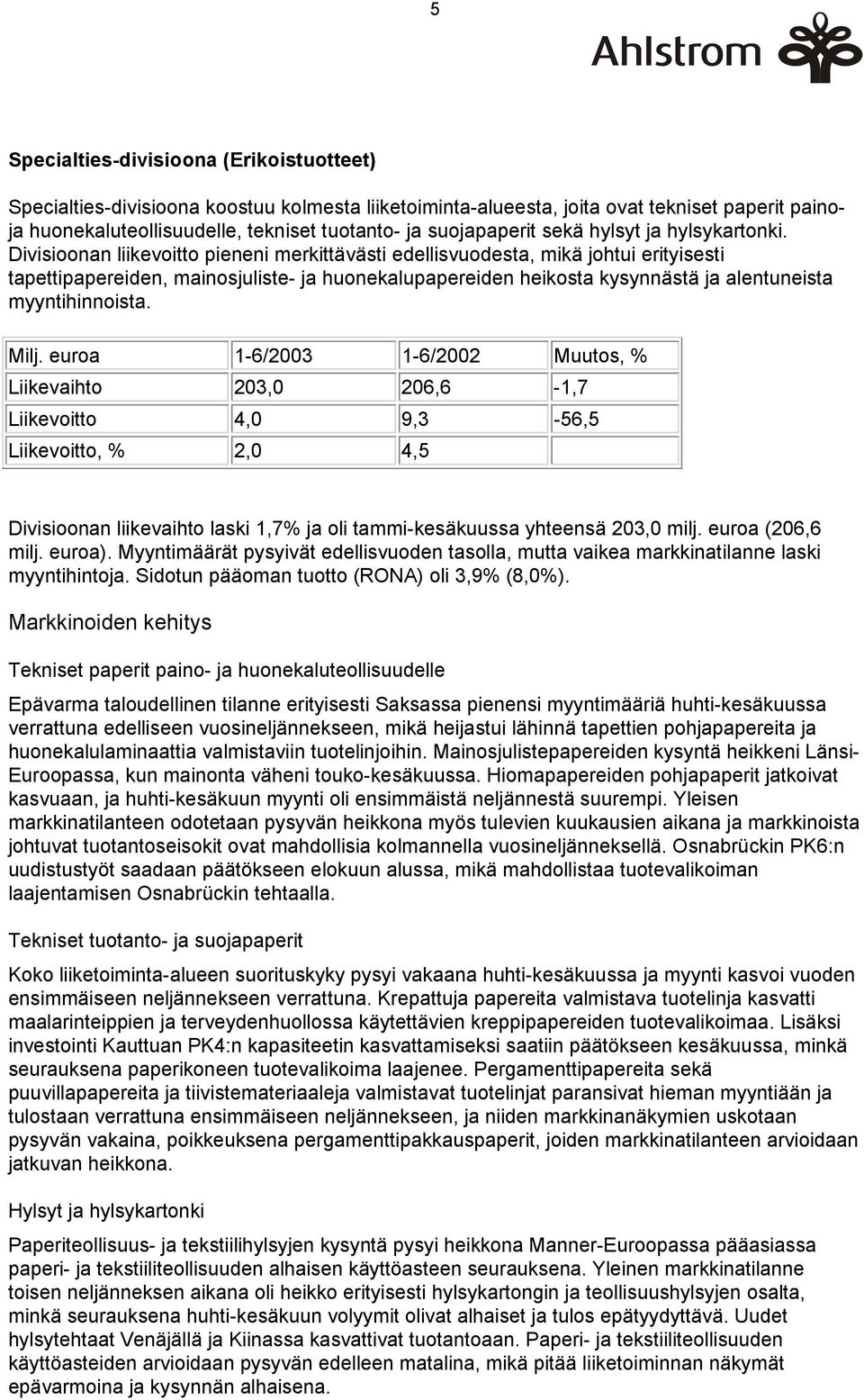 Divisioonan liikevoitto pieneni merkittävästi edellisvuodesta, mikä johtui erityisesti tapettipapereiden, mainosjuliste- ja huonekalupapereiden heikosta kysynnästä ja alentuneista myyntihinnoista.