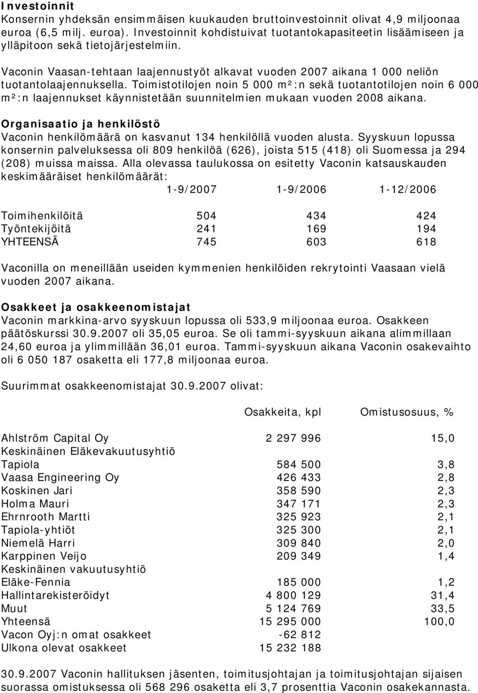 Toimistotilojen noin 5 000 m²:n sekä tuotantotilojen noin 6 000 m²:n laajennukset käynnistetään suunnitelmien mukaan vuoden 2008 aikana.