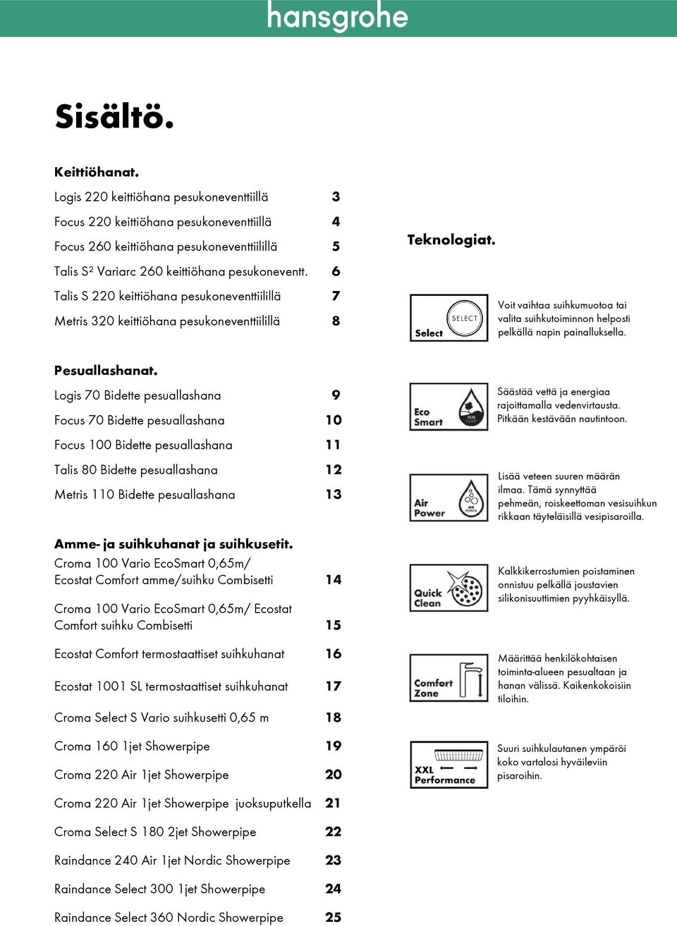 6 Talis S 220 keittiöhana pesukoneventtiilillä 7 Metris 320 keittiöhana pesukoneventtiilillä 8 Teknologiat. Voit vaihtaa suihkumuotoa tai valita suihkutoiminnon helposti pelkällä napin painalluksella.