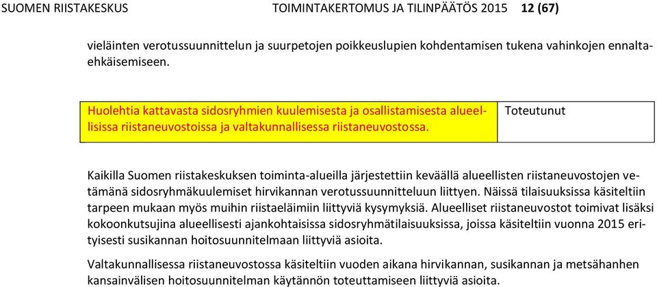Toteutunut Kaikilla Suomen riistakeskuksen toiminta-alueilla järjestettiin keväällä alueellisten riistaneuvostojen vetämänä sidosryhmäkuulemiset hirvikannan verotussuunnitteluun liittyen.