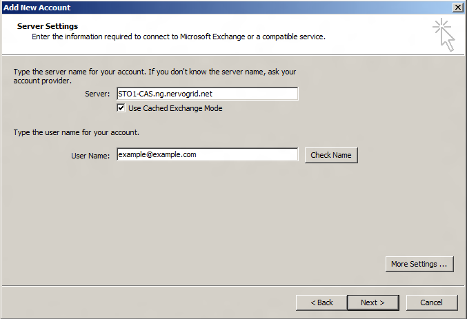 Microsoft Outlook, Standard postitilin manuaalinen asennus 5/8 Kirjoita Server-kenttään palvelimen nimi STO1-CAS.ng.nervogrid.