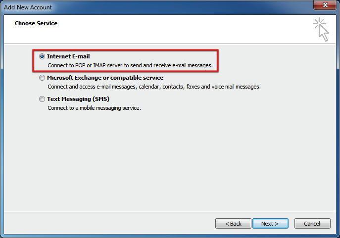 MS Outlook, Basic postitilin asennus 3/7 3. Outlook pyytää valitsemaan postipalvelun.