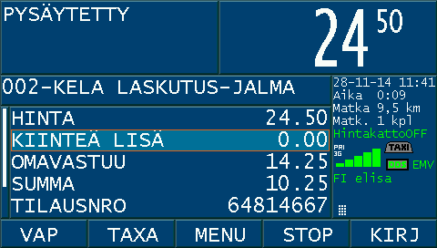 Mikäli molemmilla asiakkailla on sama määränpää paina <STOP>, tai muussa tapauksessa siirry edellisen maksamisen jälkeen takaisin taksalle ja aja seuraavan asiakkaan määränpäähän ja paina Valitse