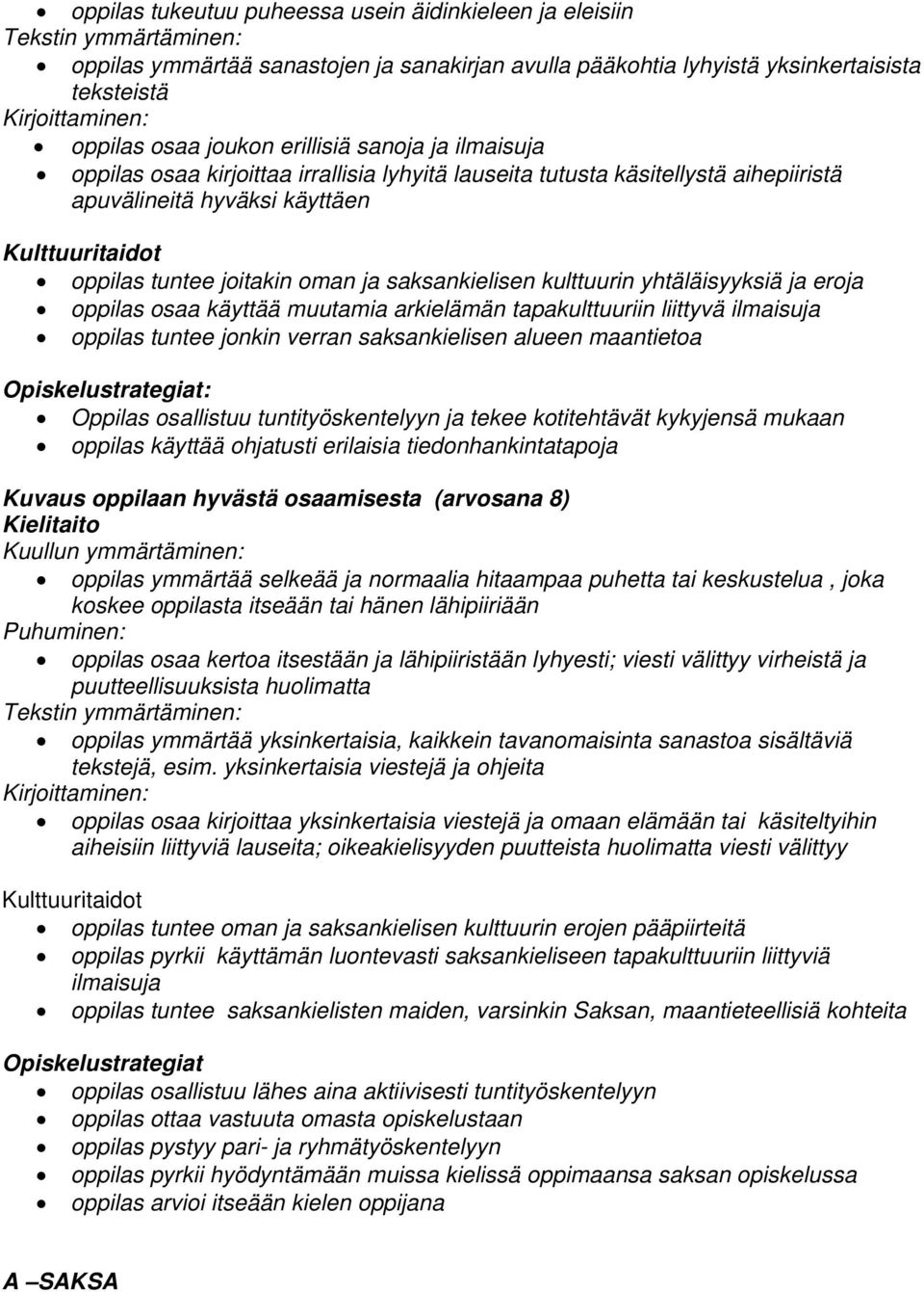 ja eroja oppilas osaa käyttää muutamia arkielämän tapakulttuuriin liittyvä ilmaisuja oppilas tuntee jonkin verran saksankielisen alueen maantietoa : Oppilas osallistuu tuntityöskentelyyn ja tekee