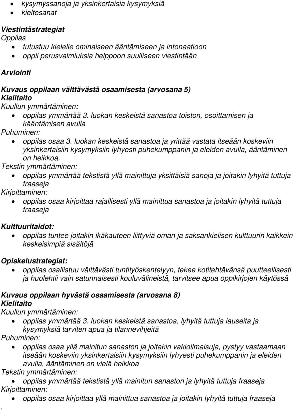 luokan keskeistä sanastoa ja yrittää vastata itseään koskeviin yksinkertaisiin kysymyksiin lyhyesti puhekumppanin ja eleiden avulla, ääntäminen on heikkoa.