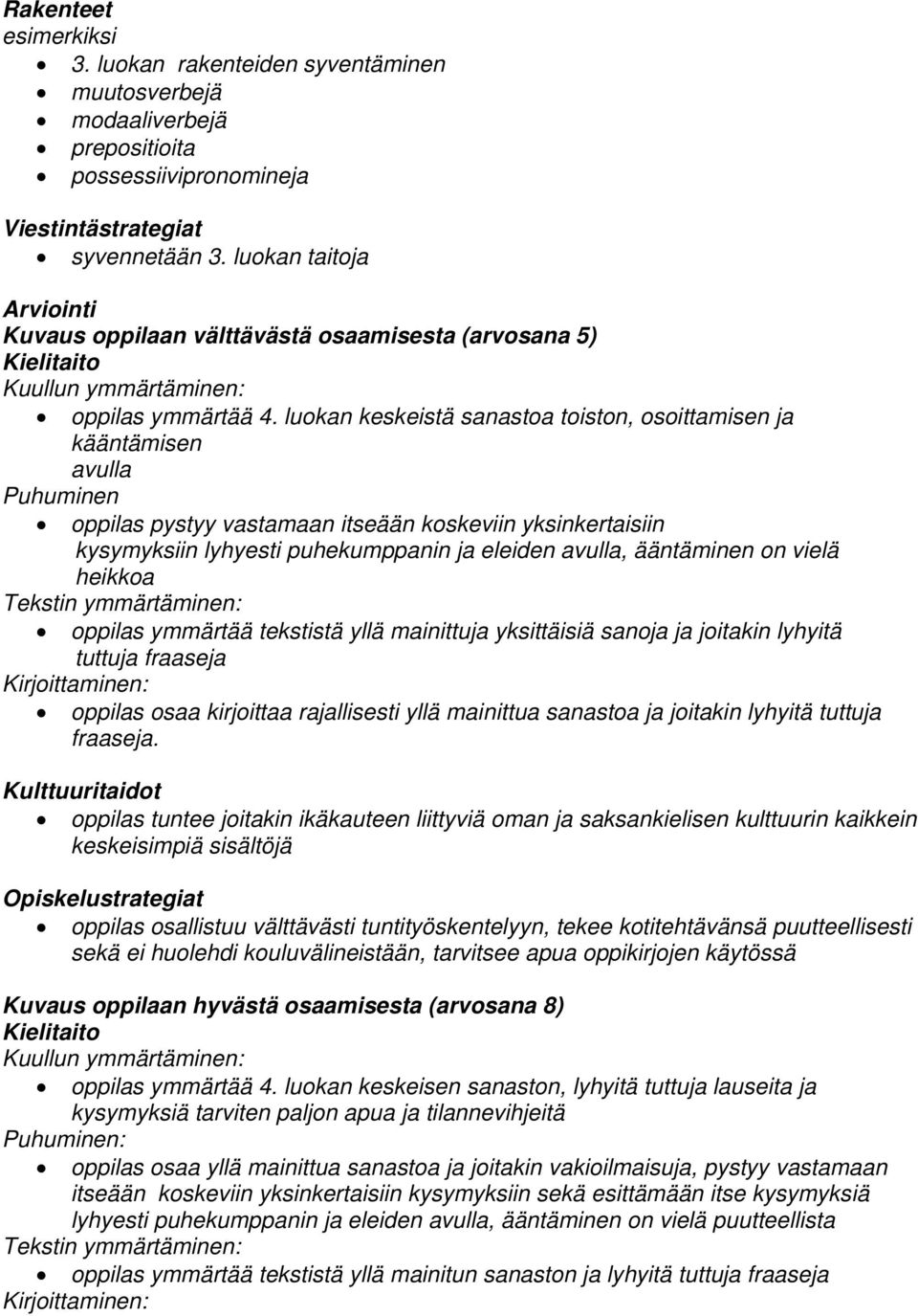 luokan keskeistä sanastoa toiston, osoittamisen ja kääntämisen avulla Puhuminen oppilas pystyy vastamaan itseään koskeviin yksinkertaisiin kysymyksiin lyhyesti puhekumppanin ja eleiden avulla,