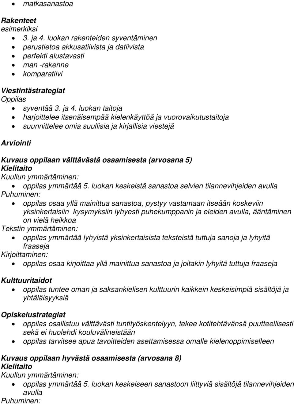 luokan taitoja harjoittelee itsenäisempää kielenkäyttöä ja vuorovaikutustaitoja suunnittelee omia suullisia ja kirjallisia viestejä Arviointi Kuvaus oppilaan välttävästä osaamisesta (arvosana 5)