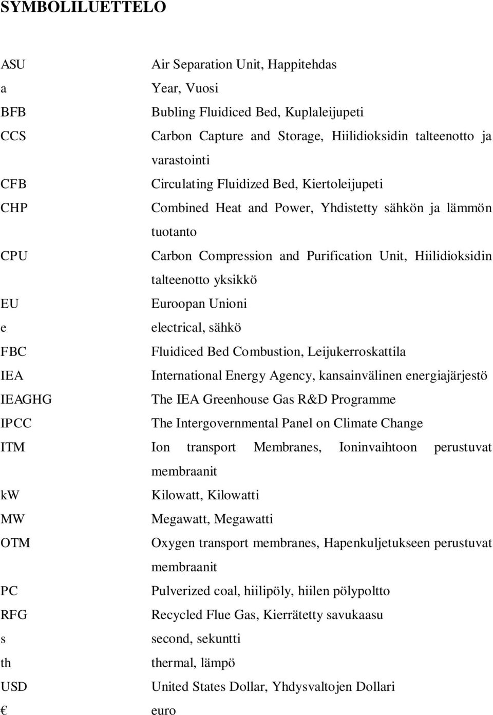 electrical, sähkö FBC Fluidiced Bed Combustion, Leijukerroskattila IEA International Energy Agency, kansainvälinen energiajärjestö IEAGHG The IEA Greenhouse Gas R&D Programme IPCC The
