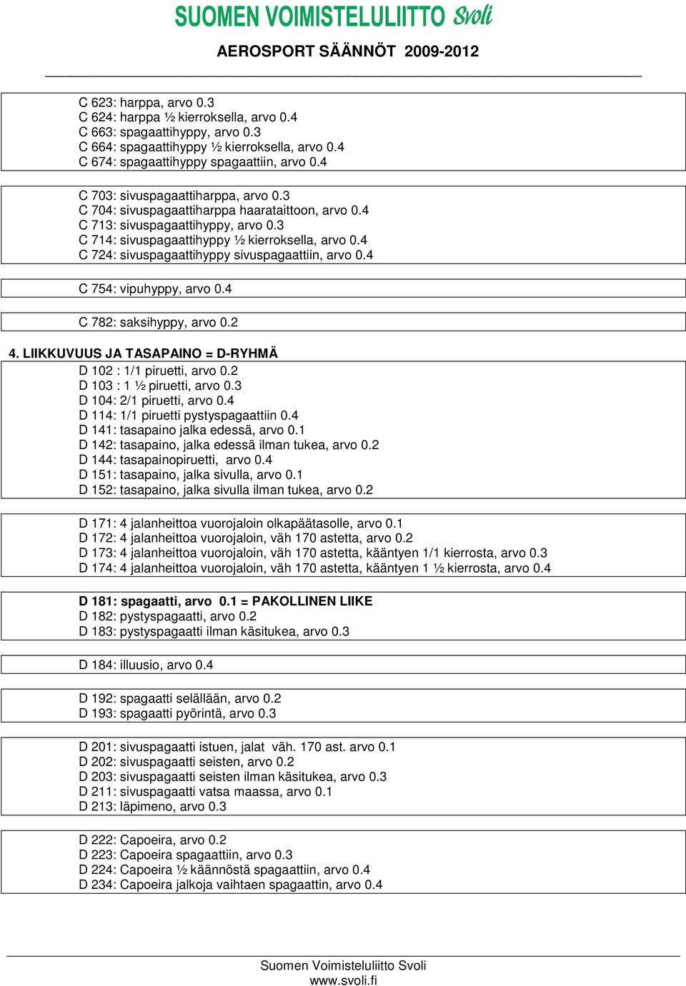 4 C 724: sivuspagaattihyppy sivuspagaattiin, arvo 0.4 C 754: vipuhyppy, arvo 0.4 C 782: saksihyppy, arvo 0.2 4. LIIKKUVUUS JA TASAPAINO = D-RYHMÄ D 102 : 1/1 piruetti, arvo 0.