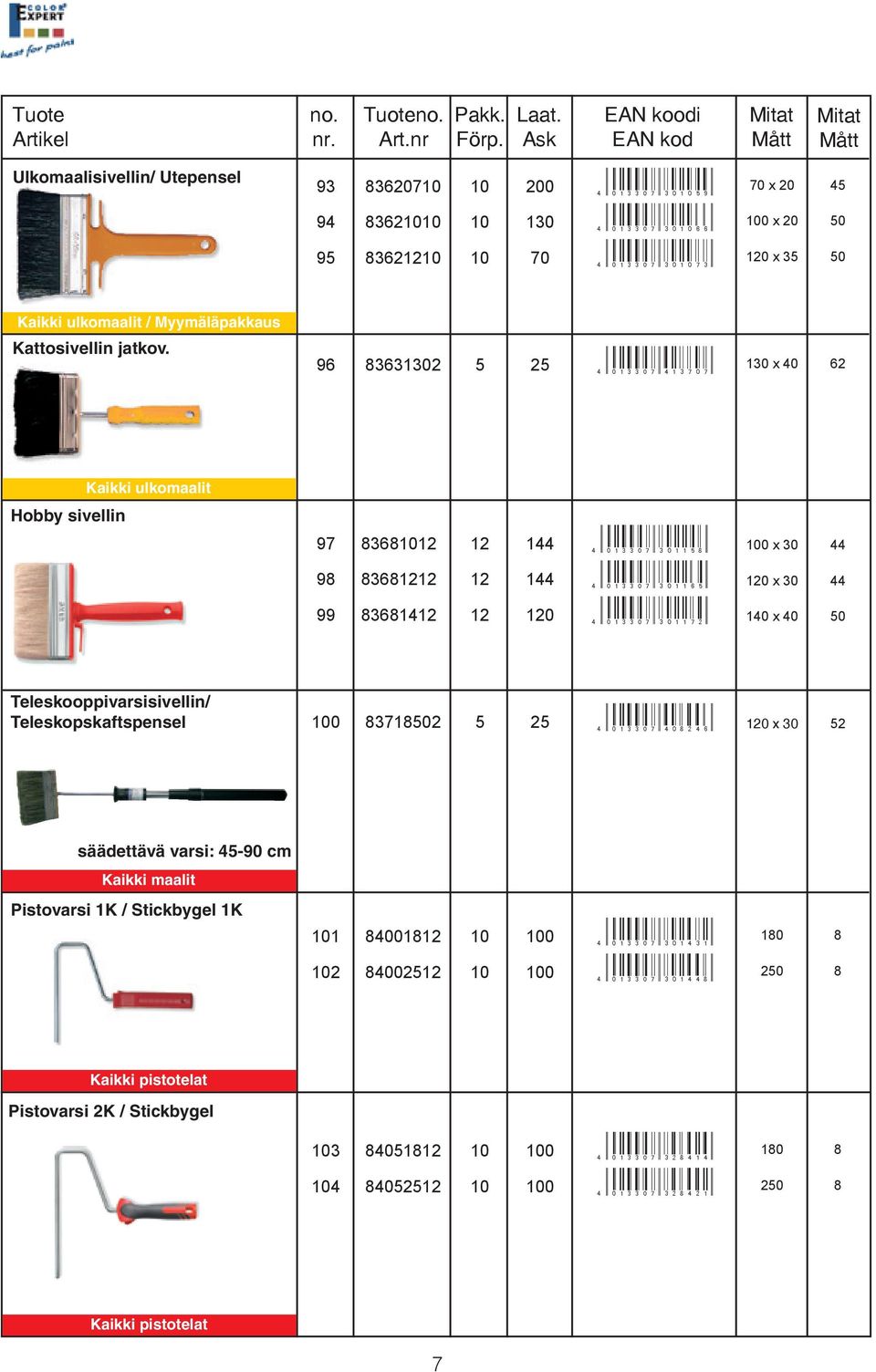 96 83631302 5 25 e R 0 ; 3 3 : A S H E G K D K R 130 x 40 62 Kaikki ulkomaalit Hobby sivellin 97 83681012 12 144 e R 0 ; 3 3 : A S G D E E I L R 100 x 30 44 98 83681212 12 144 e R 0 ; 3 3 : A S G D E