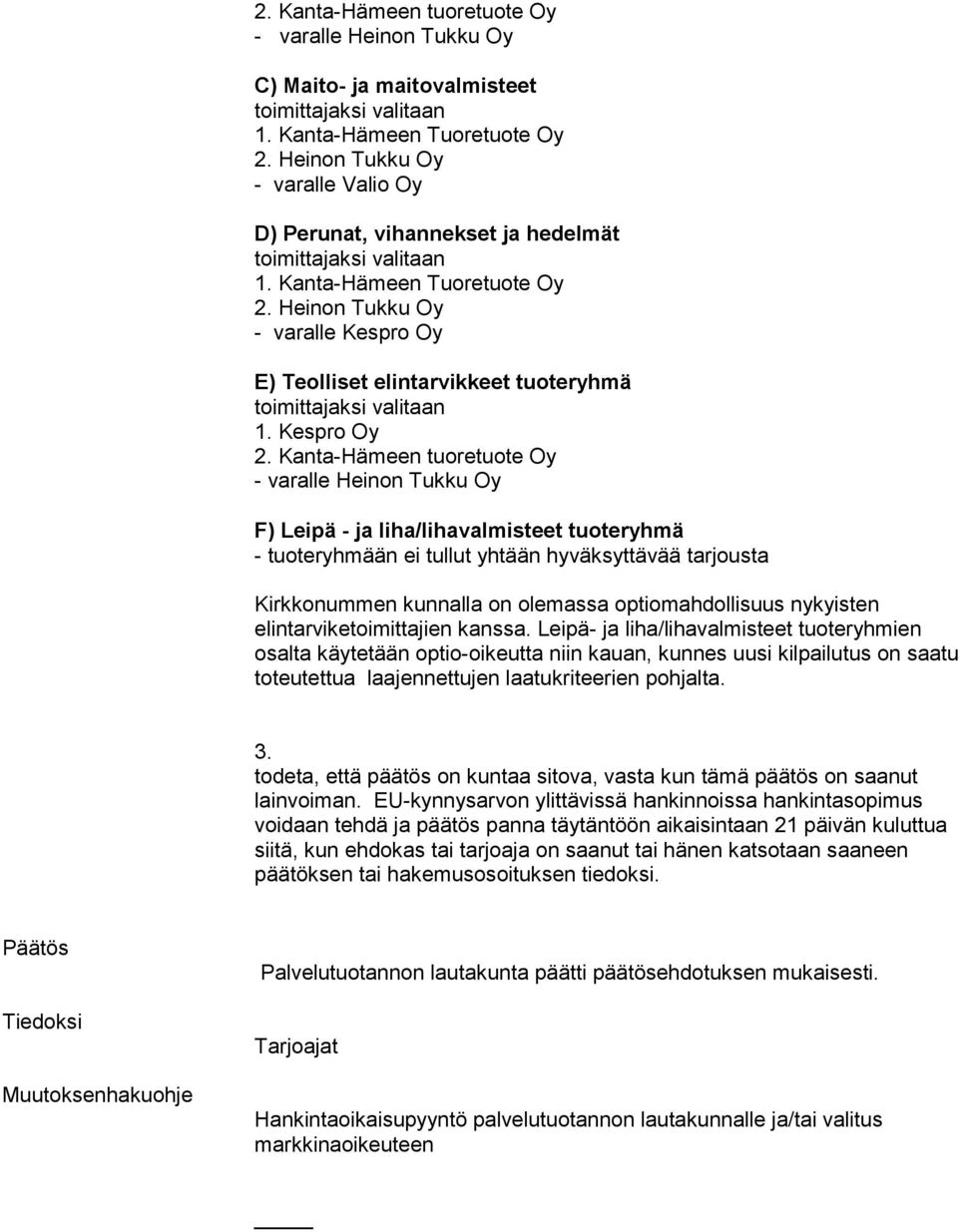 Kanta-Hämeen tuoretuote Oy - varalle Heinon Tukku Oy F) Leipä - ja liha/lihavalmisteet tuoteryhmä - tuoteryhmään ei tullut yhtään hyväksyttävää tarjousta Kirkkonummen kunnalla on olemassa