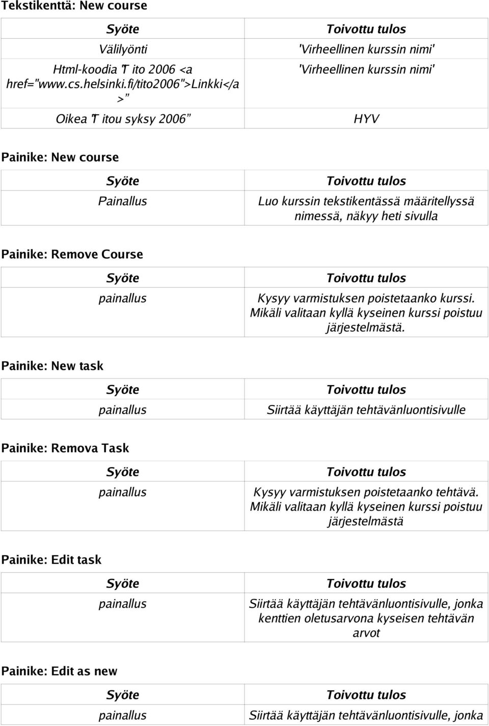 sivulla Painike: Remove Course painallus Kysyy varmistuksen poistetaanko kurssi. Mikäli valitaan kyllä kyseinen kurssi poistuu järjestelmästä.