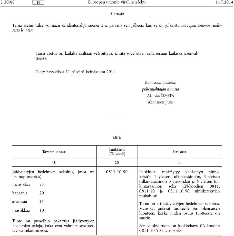 Komission puolesta, puheenjohtajan nimissä Algirdas ŠEMETA Komission jäsen LIITE Tavaran kuvaus Luokittelu (CN-koodi) Perusteet (1) (2) (3) Jäädytettyjen hedelmien sekoitus, jossa on