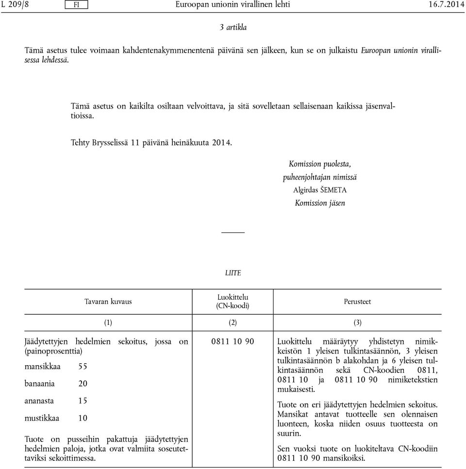 Komission puolesta, puheenjohtajan nimissä Algirdas ŠEMETA Komission jäsen LIITE Tavaran kuvaus Luokittelu (CN-koodi) Perusteet (1) (2) (3) Jäädytettyjen hedelmien sekoitus, jossa on