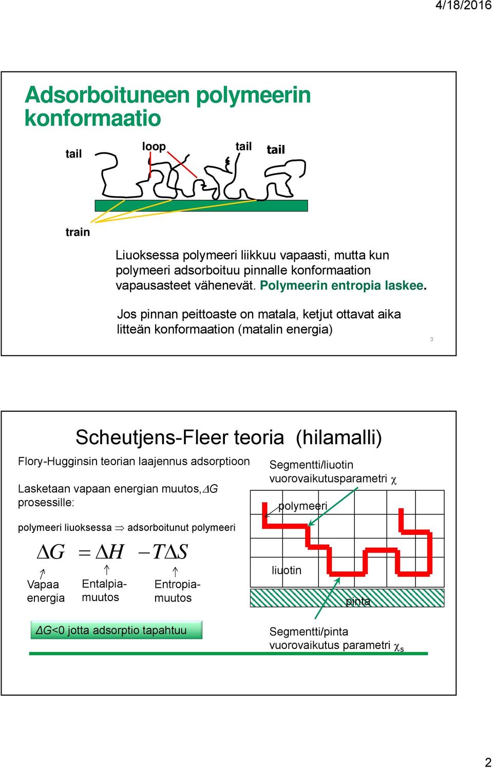 Jos pinnan peittoaste on matala, ketjut ottavat aika litteän konformaation (matalin energia) 3 Scheutjens-Fleer teoria (hilamalli) Flory-Hugginsin teorian laajennus