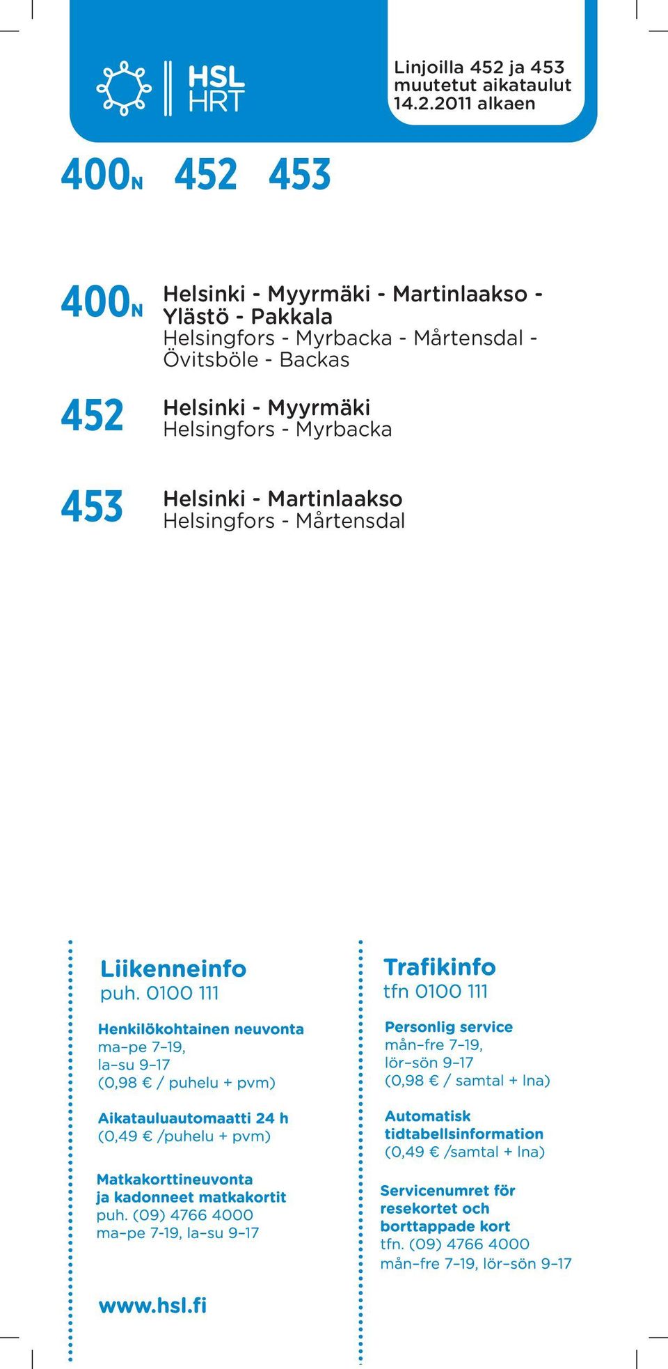 2011 alkaen 400N 452 453 400N 452 453 Helsinki - Myyrmäki -
