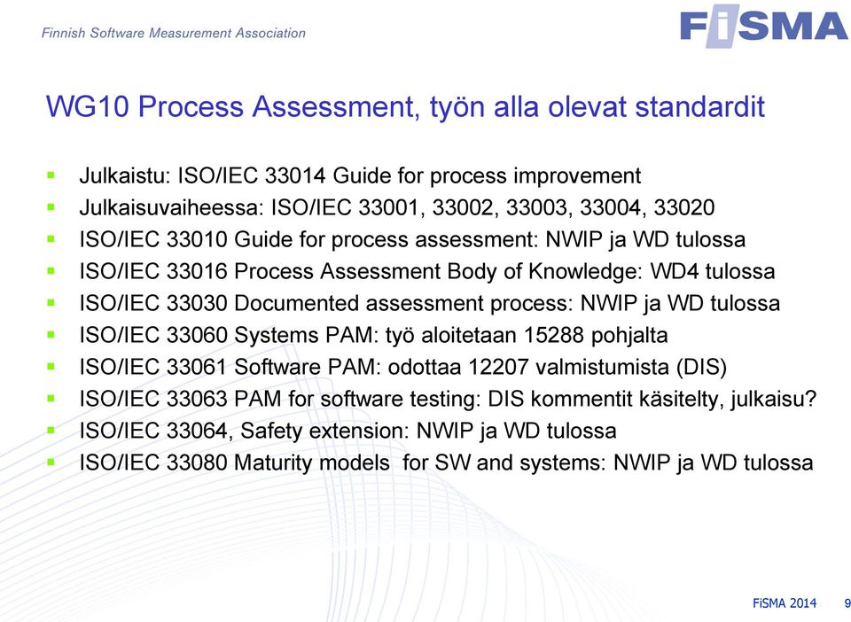NWIP ja WD tulossa ISO/IEC 33060 Systems PAM: työ aloitetaan 15288 pohjalta ISO/IEC 33061 Software PAM: odottaa 12207 valmistumista (DIS) ISO/IEC 33063 PAM for software
