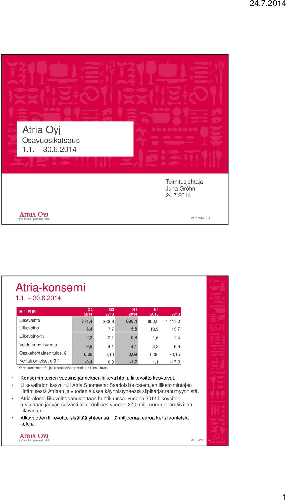 Osakekohtainen tulos, 0,28 0,10 0,09 0,06-0,15 Kertaluonteiset erät* -0,4 0,0-1,2 1,1-17,3 *Kertaluonteiset erät, jotka sisältyvät raportoituun liikevoittoon Konsernin toisen vuosineljänneksen