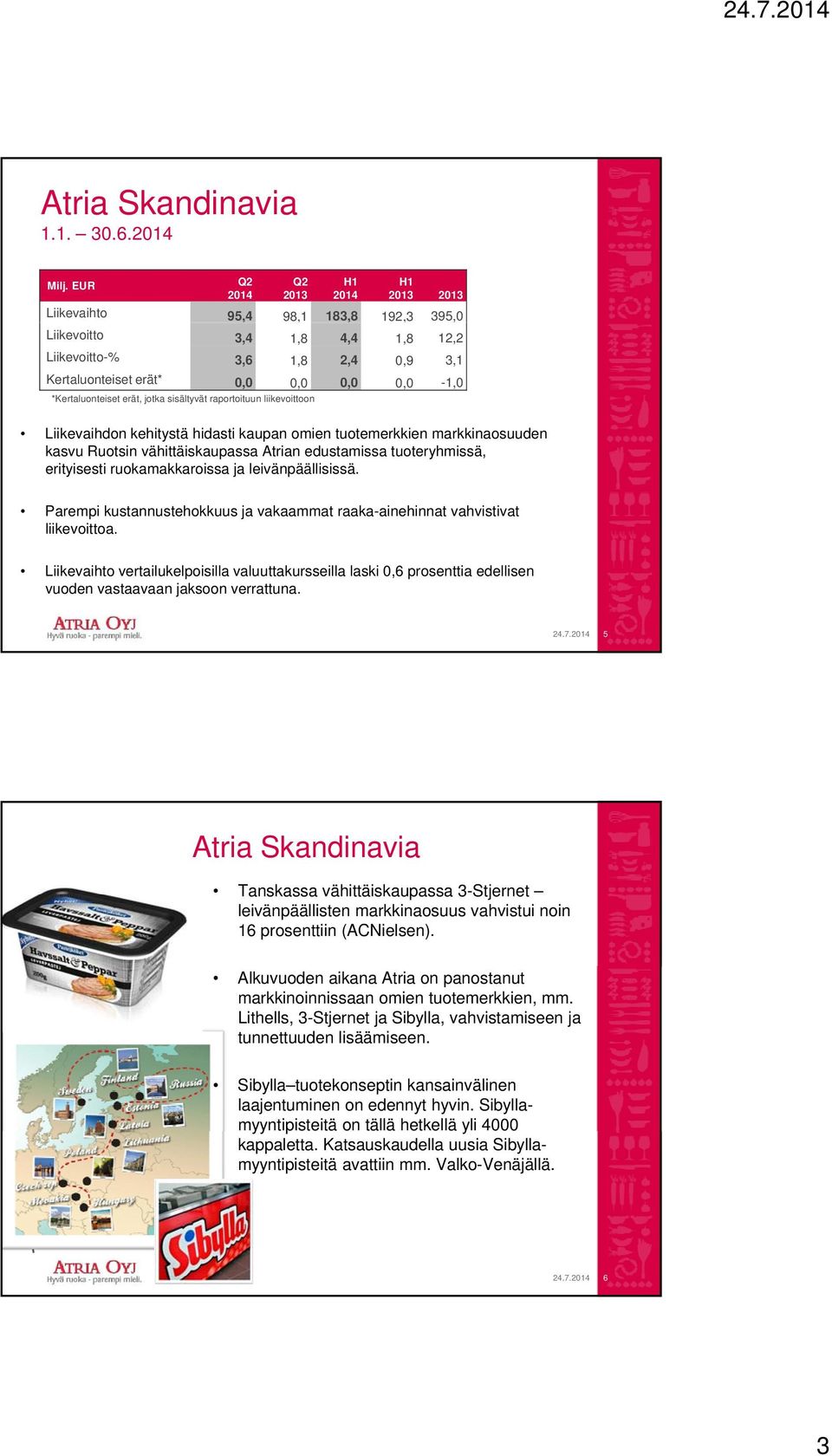 *Kertaluonteiset erät, jotka sisältyvät raportoituun liikevoittoon Liikevaihdon kehitystä hidasti kaupan omien tuotemerkkien markkinaosuuden kasvu Ruotsin vähittäiskaupassa Atrian edustamissa
