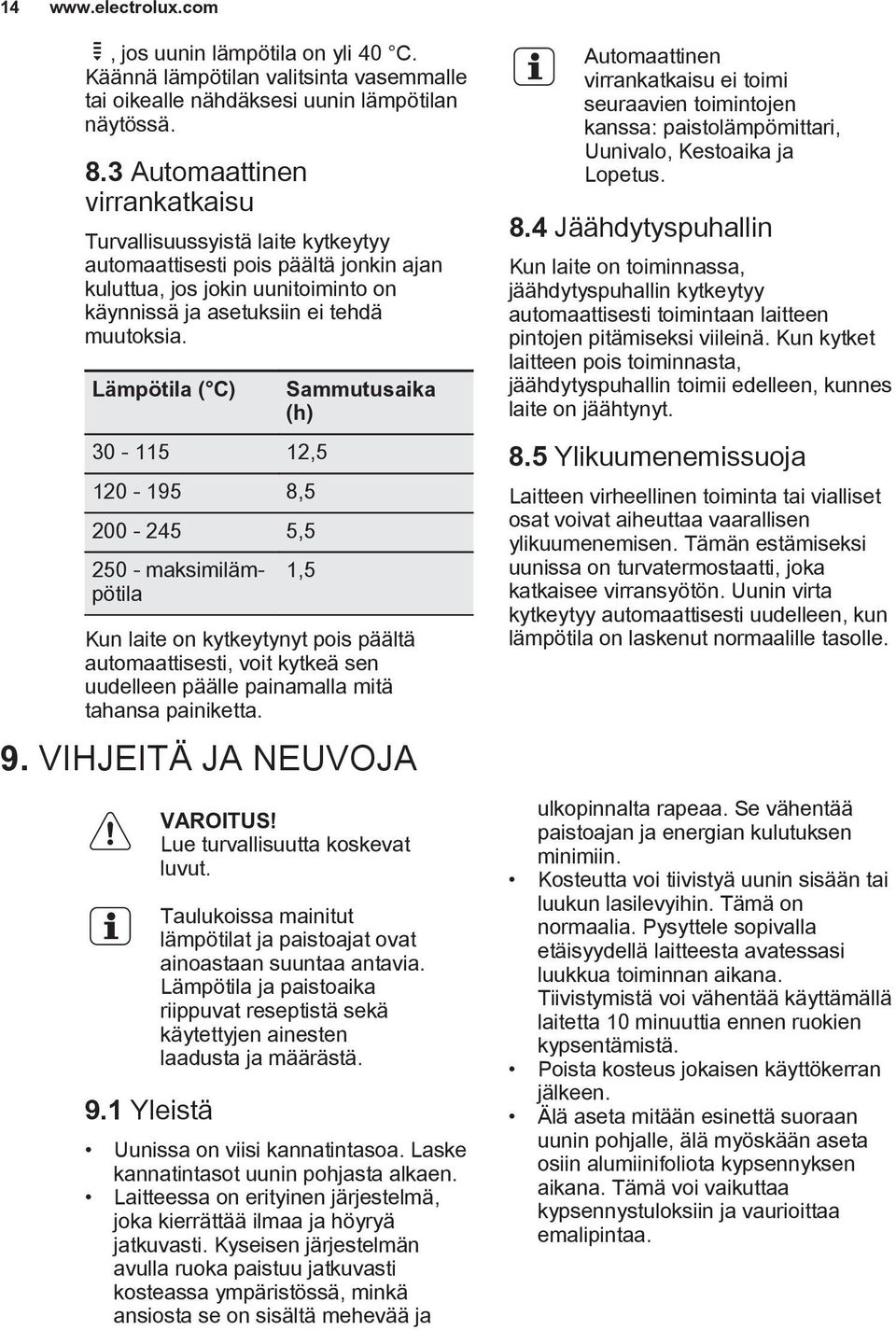 Lämpötila 30-115 12,5 120-195 8,5 200-245 5,5 250 - maksimilämpötila Sammutusaika (h) 1,5 Kun laite on kytkeytynyt pois päältä automaattisesti, voit kytkeä sen uudelleen päälle painamalla mitä