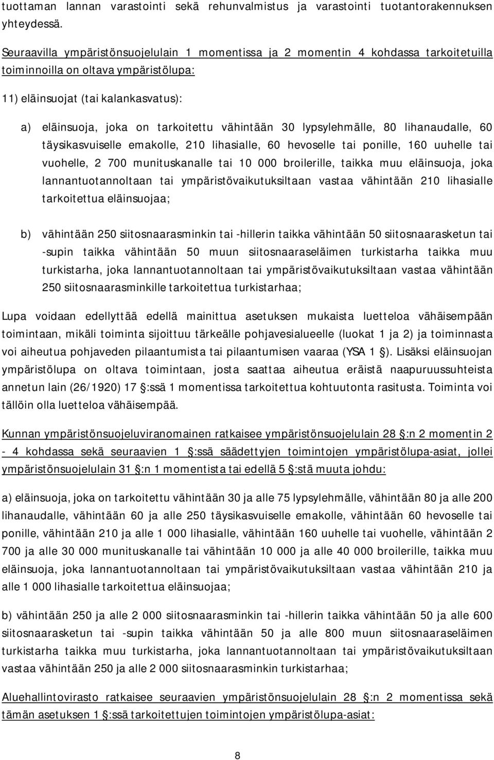 vähintään 30 lypsylehmälle, 80 lihanaudalle, 60 täysikasvuiselle emakolle, 210 lihasialle, 60 hevoselle tai ponille, 160 uuhelle tai vuohelle, 2 700 munituskanalle tai 10 000 broilerille, taikka muu