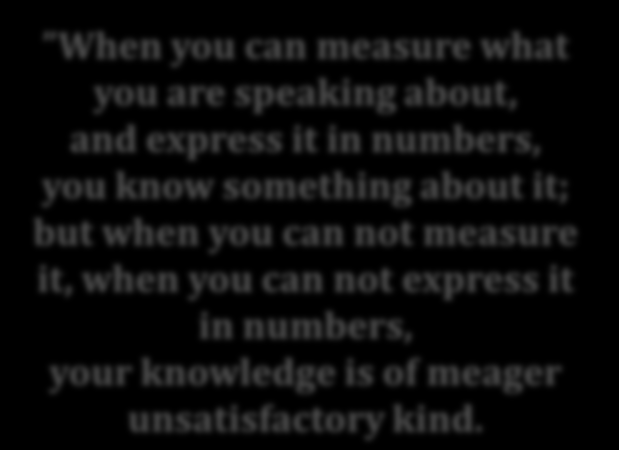What gets measured gets done Lord Kelvin, 1883 When you can measure what you are speaking about, and express it in numbers, you know something about it; but when you can not measure it, when you can