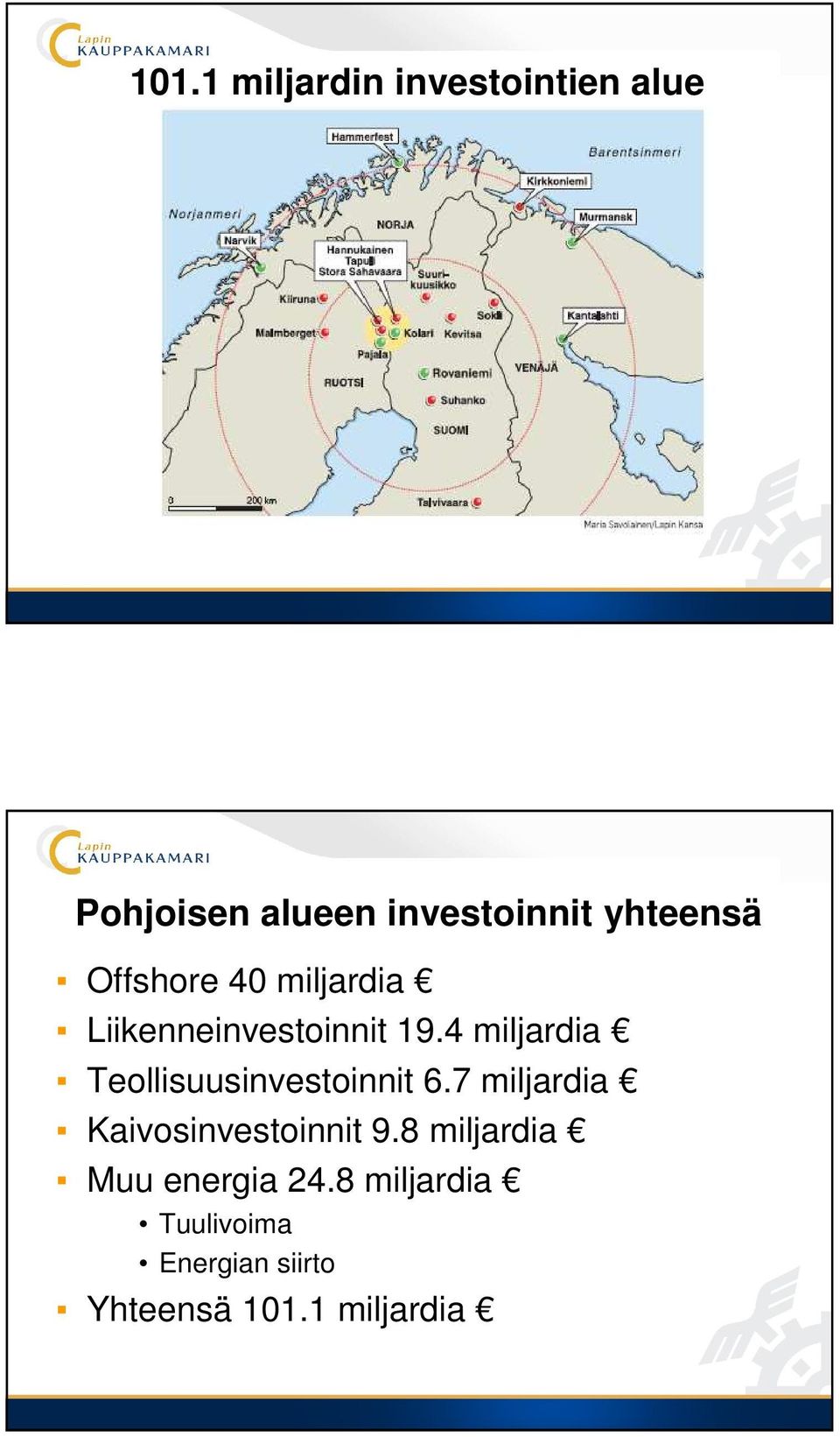 4 miljardia Teollisuusinvestoinnit 6.7 miljardia Kaivosinvestoinnit 9.