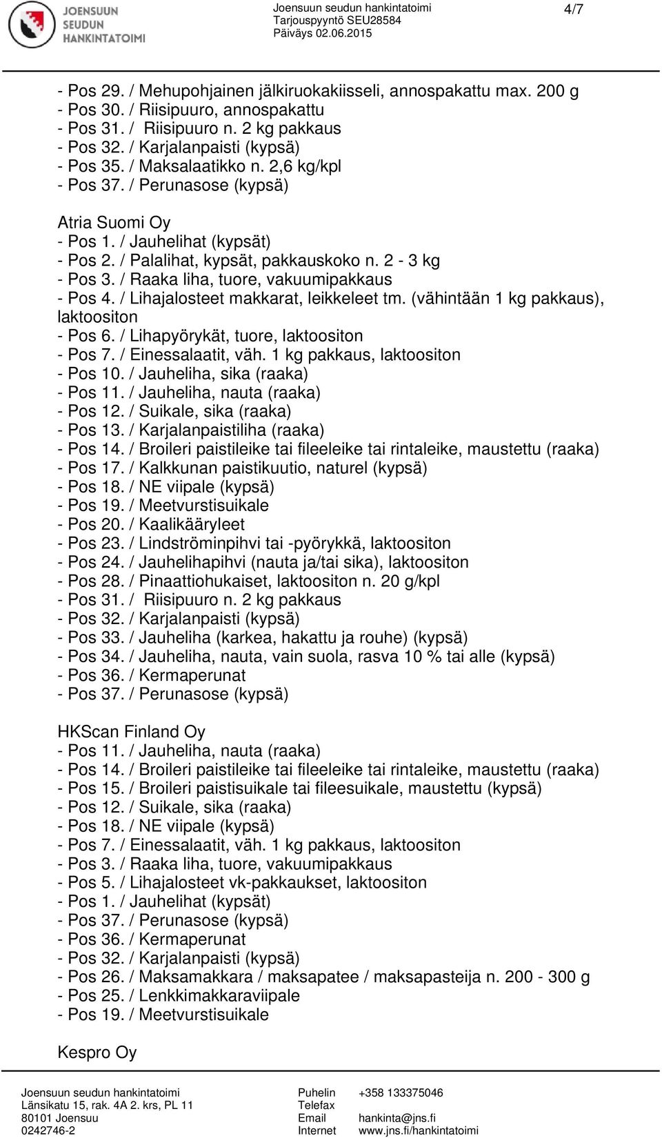 / Karjalanpaistiliha (raaka) - Pos 14. / Broileri paistileike tai fileeleike tai rintaleike, maustettu (raaka) - Pos 17. / Kalkkunan paistikuutio, naturel (kypsä) - Pos 23.