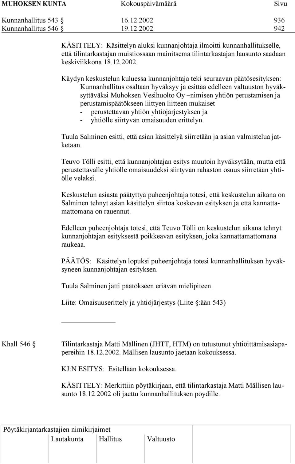 2002 942 KÄSITTELY: Käsittelyn aluksi kunnanjohtaja ilmoitti kunnanhallitukselle, että tilintarkastajan muistiossaan mainitsema tilintarkastajan lausunto saadaan keskiviikkona 18.12.2002. Käydyn